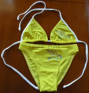 bathing suit and beach Julia K3 yellow brocade shells, white drawstring