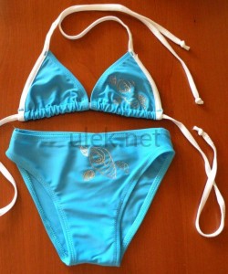 bathing suit and beach Julia K24 blue brocade shells, white drawstring