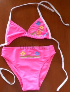 bathing suit and beach Julia K31 pink flowers, white drawstring